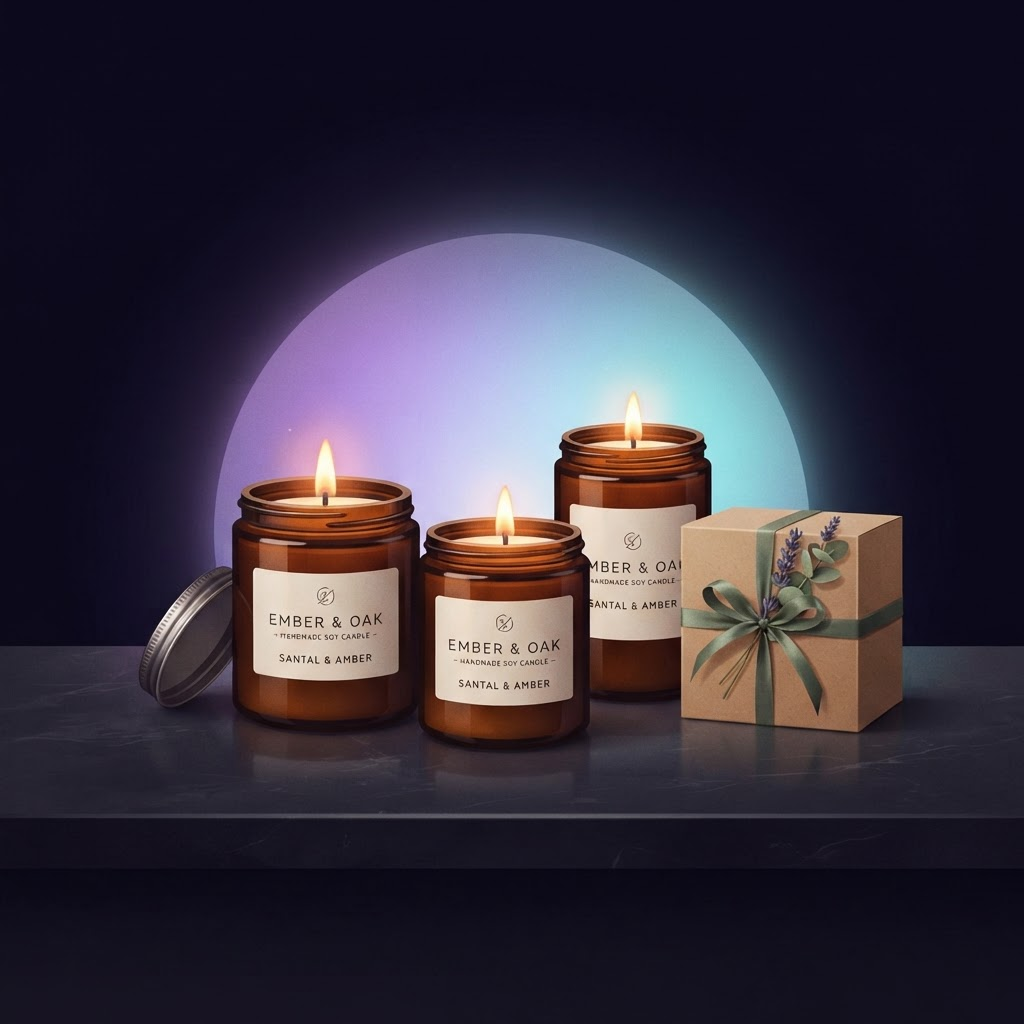 Sample product illustration of hand-poured amber candles and a gift box